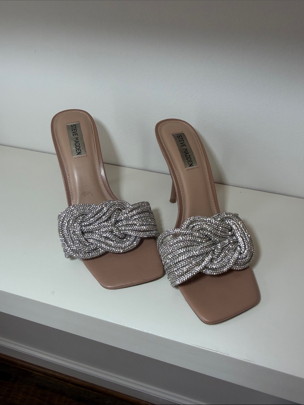 Steve Madden Blush Tan Slide Heels with Silver Beaded Knot